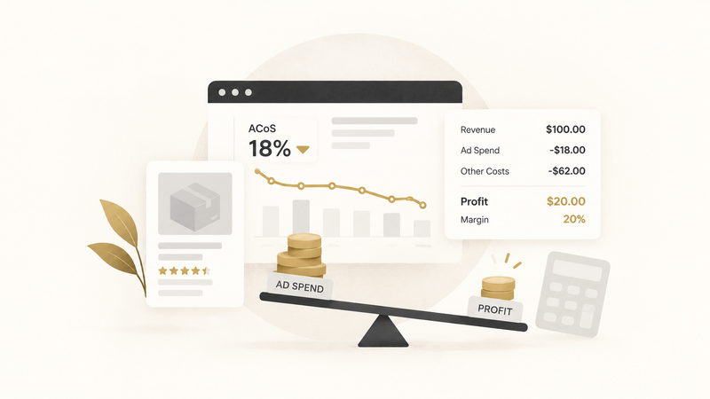 Illustration comparing Amazon ACoS, ad spend, revenue, and profit to show why advertising efficiency is not the same as profitability.