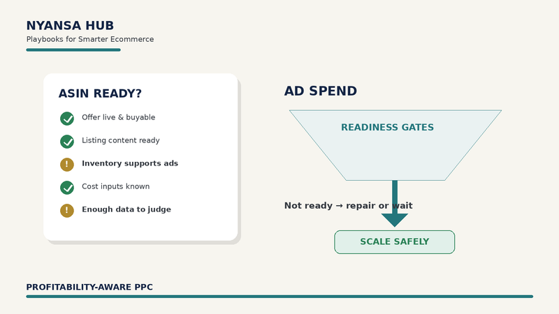 Illustration showing Amazon PPC listing readiness checks for buyability, content, inventory, cost inputs, and enough data before increasing ad spend.