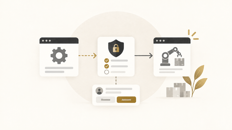Illustration of an automation workflow with a security approval gate showing that system capability is different from business permission.