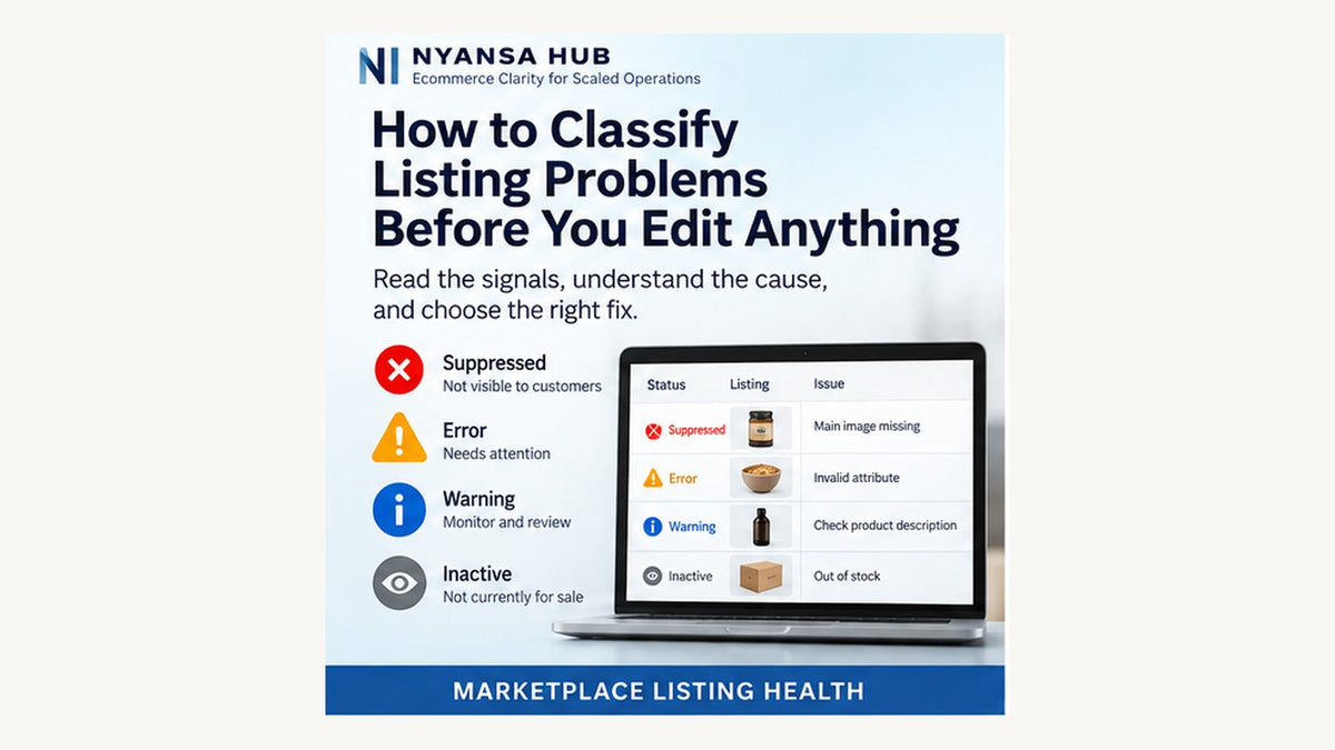 Nyansa Hub editorial cover illustrating how marketplace listing issues can be routed to fix, monitor, or leave alone based on evidence and actionability.