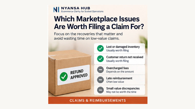 Nyansa Hub editorial cover illustrating common marketplace claim denial risks such as incomplete evidence, wrong issue type, missed timing, and weak documentation.