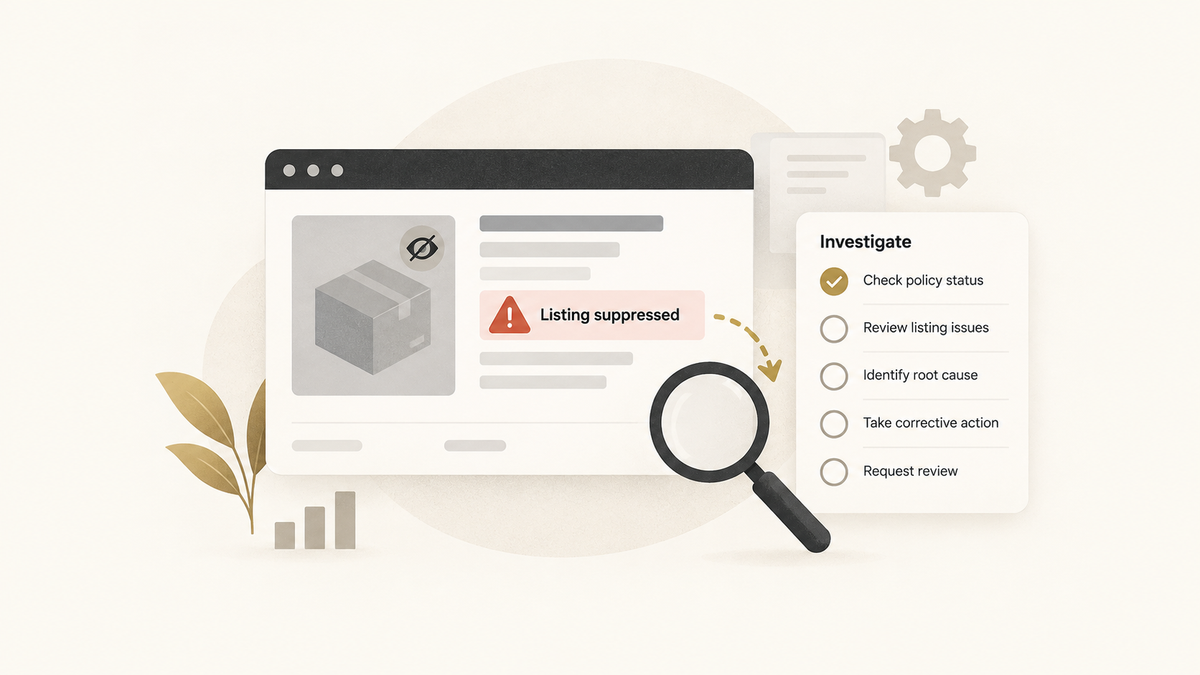 Illustration of a suppressed marketplace listing with a warning alert, magnifying glass, and checklist for diagnosing listing issues.