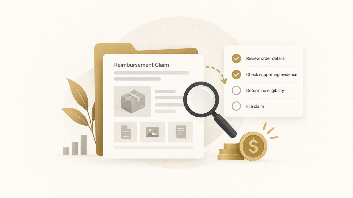 Illustration of a reimbursement claim review with supporting evidence, checklist steps, and a magnifying glass for claim evaluation.