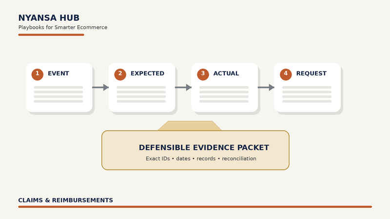 Illustration showing a marketplace reimbursement evidence packet connecting the event, expected outcome, actual outcome, exact identifiers, and claim request.