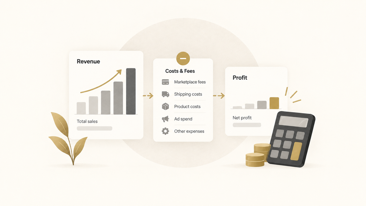 Illustration showing revenue, costs, fees, and net profit to explain why marketplace sales are not the same as profitability.