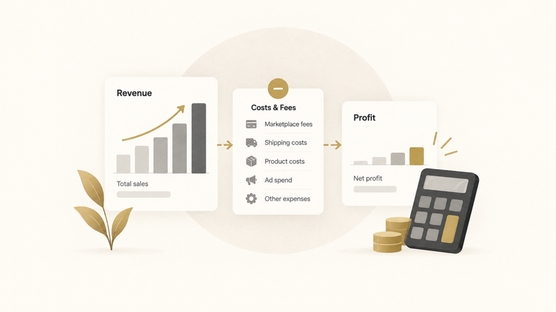 Illustration showing revenue, costs, fees, and net profit to explain why marketplace sales are not the same as profitability.