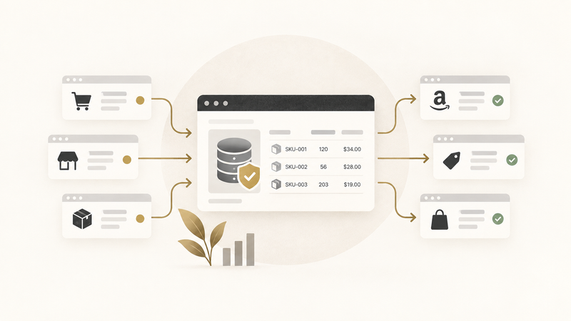 Illustration of a central ecommerce data hub syncing SKU, inventory, and pricing information across multiple marketplace channels.