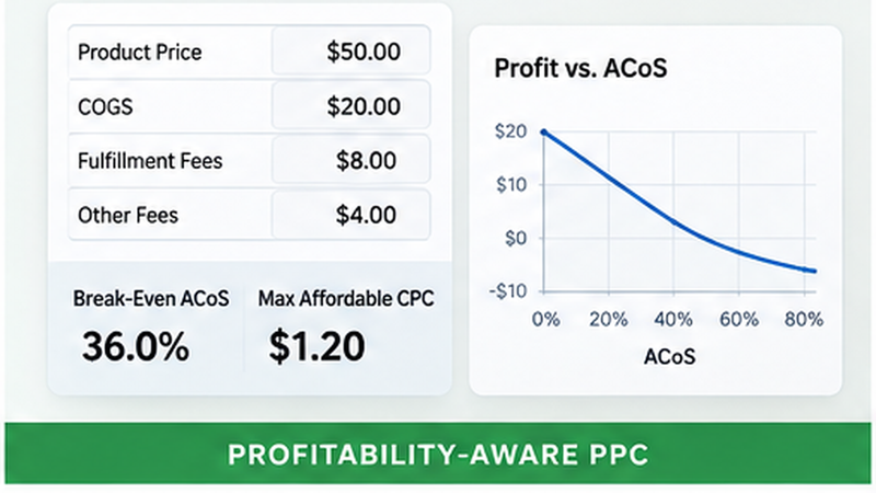 Amazon PPC illustration showing product economics, break-even ACoS, maximum affordable CPC, and a profit versus ACoS chart.