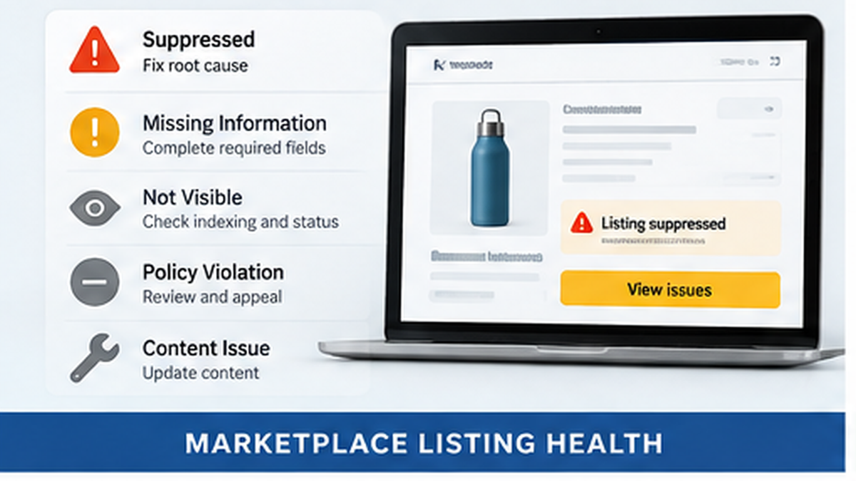 Marketplace listing health illustration showing listing issue categories and a suppressed listing for diagnosis before editing.