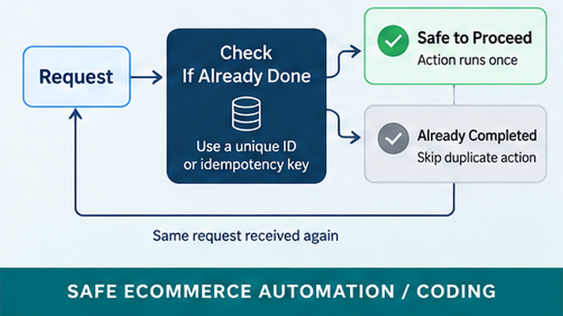 Ecommerce automation illustration showing an idempotency check that prevents the same action from running twice.