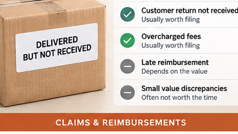 Marketplace reimbursement illustration showing a delivery discrepancy and examples of claim issues worth screening before filing.