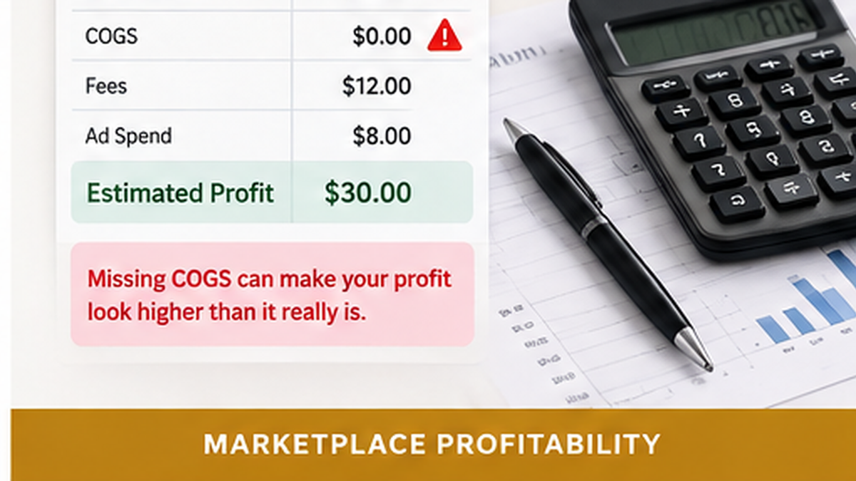 Marketplace profitability illustration showing how missing COGS can make estimated profit look higher than it really is.