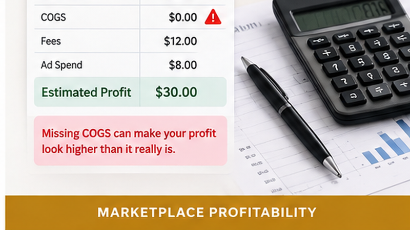 Marketplace profitability illustration showing how missing COGS can make estimated profit look higher than it really is.