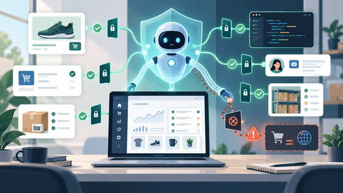 AI ecommerce agent connected to store operations through permission gates and safety guardrails