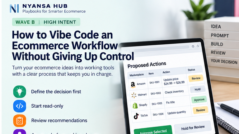 Nyansa Hub article cover showing a vibe-coded ecommerce workflow with read-only analysis, visible recommendations, and user approval before changes.