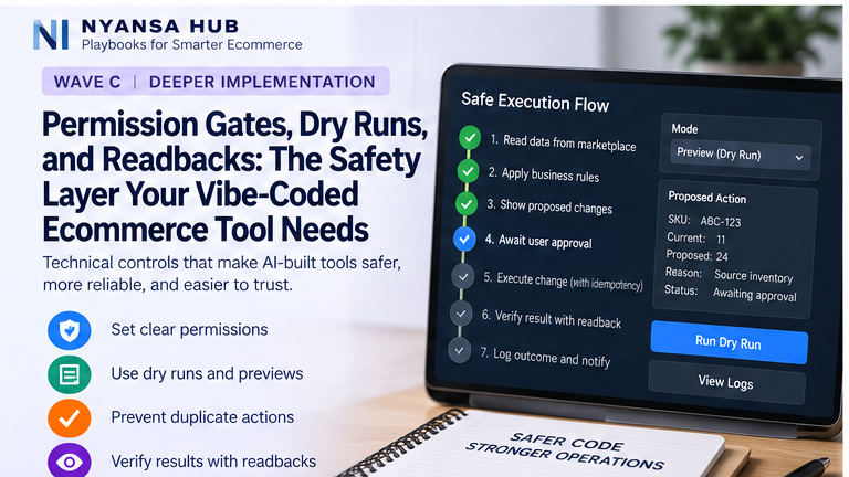 Nyansa Hub article cover about permission gates, dry runs, duplicate protection, and readback verification for vibe-coded ecommerce tools.