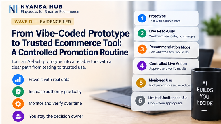 Nyansa Hub article cover showing how a vibe-coded ecommerce prototype can progress through controlled stages to a trusted tool while the operator keeps decision authority.