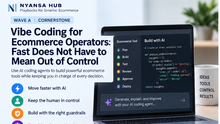 Nyansa Hub article cover about using vibe coding and AI coding agents to build ecommerce tools while keeping the operator in control of every important decision.